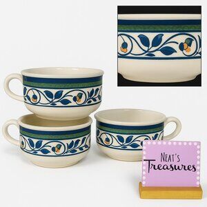 Pfaltzgraff ORLEANS #280 USA Blue Green Vines Yellow Stoneware Soup Mugs Set 3